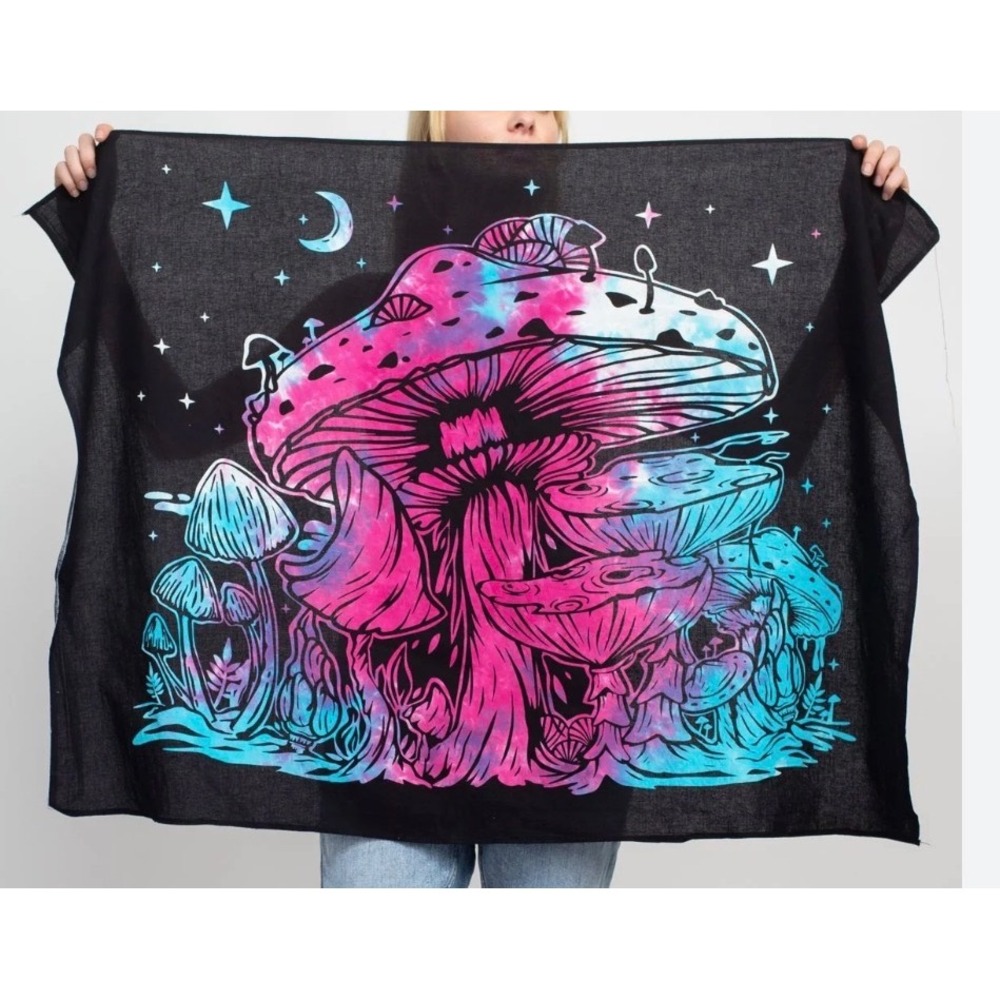Psychedelic Mushroom Tapestry Black Tie Dye Neon Pink Blue Wall Hanging Cotton